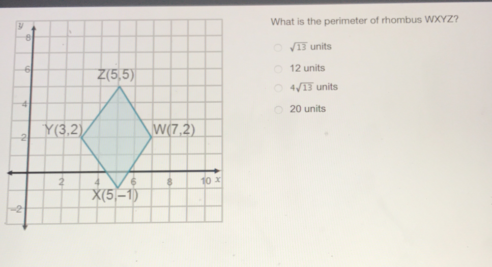 What is the perimeter of rhombus WXYZ? square root of 13 units 12 units 4 square root of 13 units 20 units